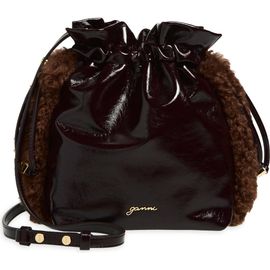 Ganni Ganni Party Pouch Leather Bag with Faux Shearling Trim
