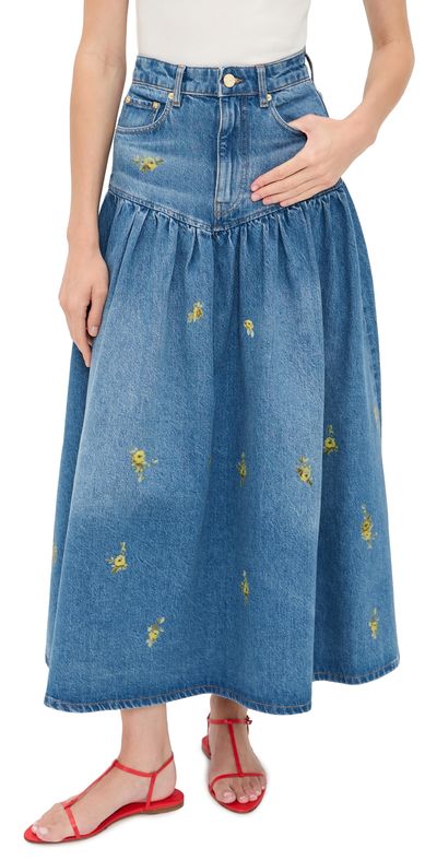 GANNI GANNI Printed Flower Denim Long Skirt Light Blue Vintage