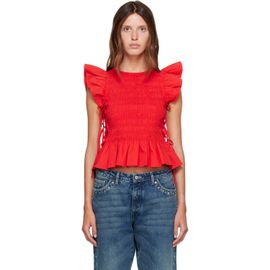 GANNI GANNI Red Smocked Cotton Blouse