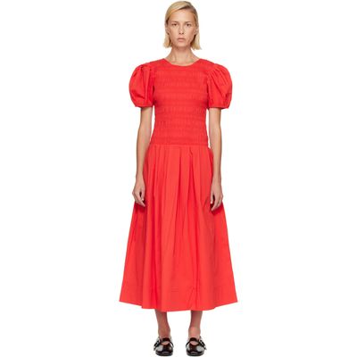 GANNI GANNI Red Smocked Cotton Midi Dress
