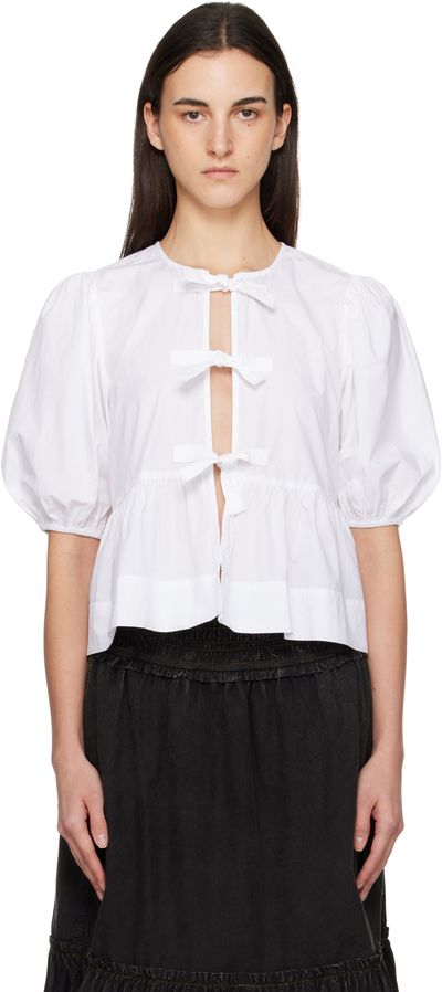 GANNI GANNI White Cotton Poplin Peplum Tie Blouse