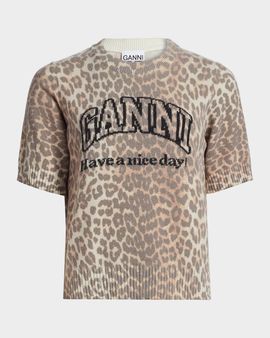 Ganni Leopard-Print Wool-Blend T-Shirt