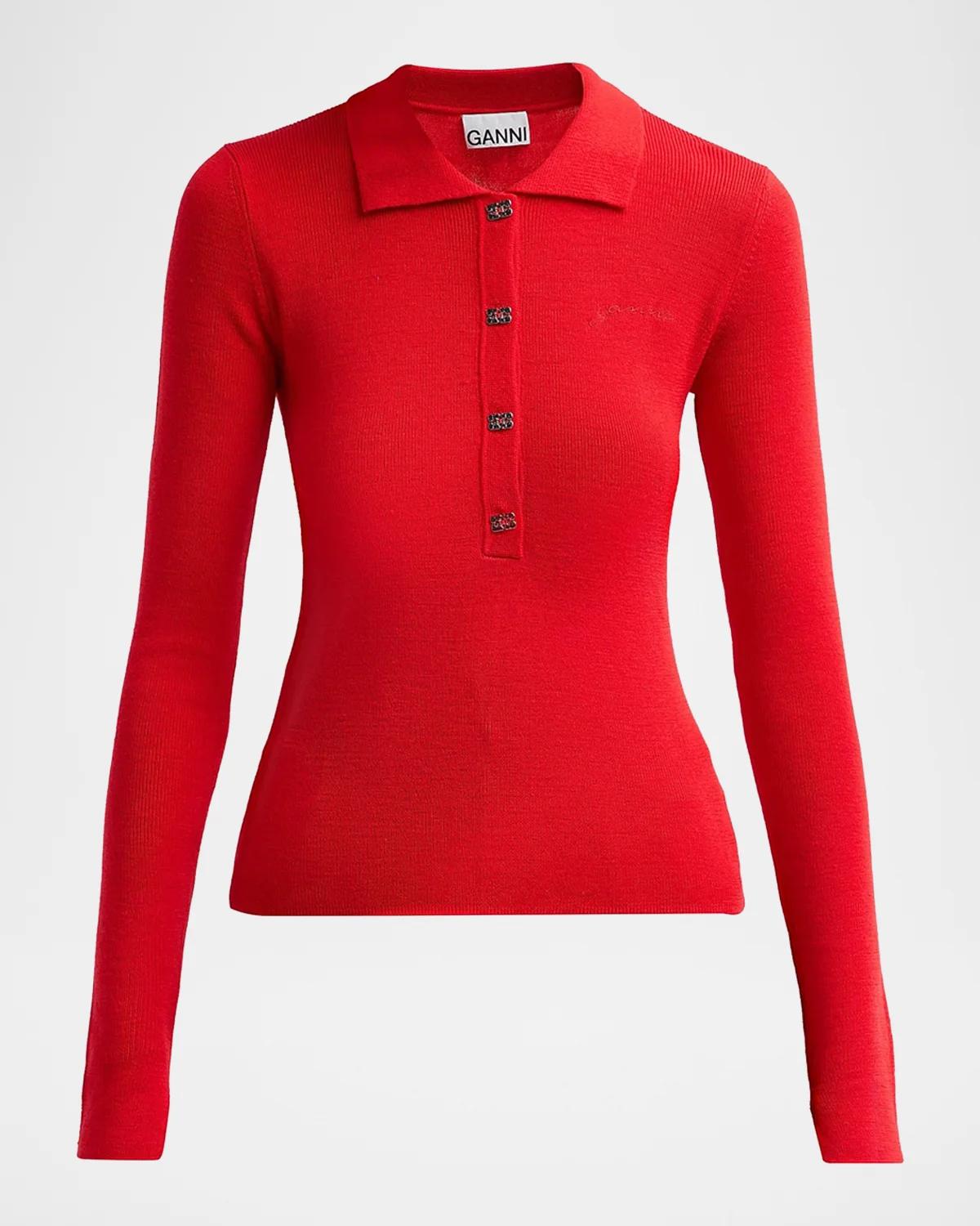 Ganni Mini Merino Rib-Knit Long-Sleeve Polo Top