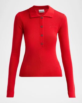 Ganni Mini Merino Rib-Knit Long-Sleeve Polo Top