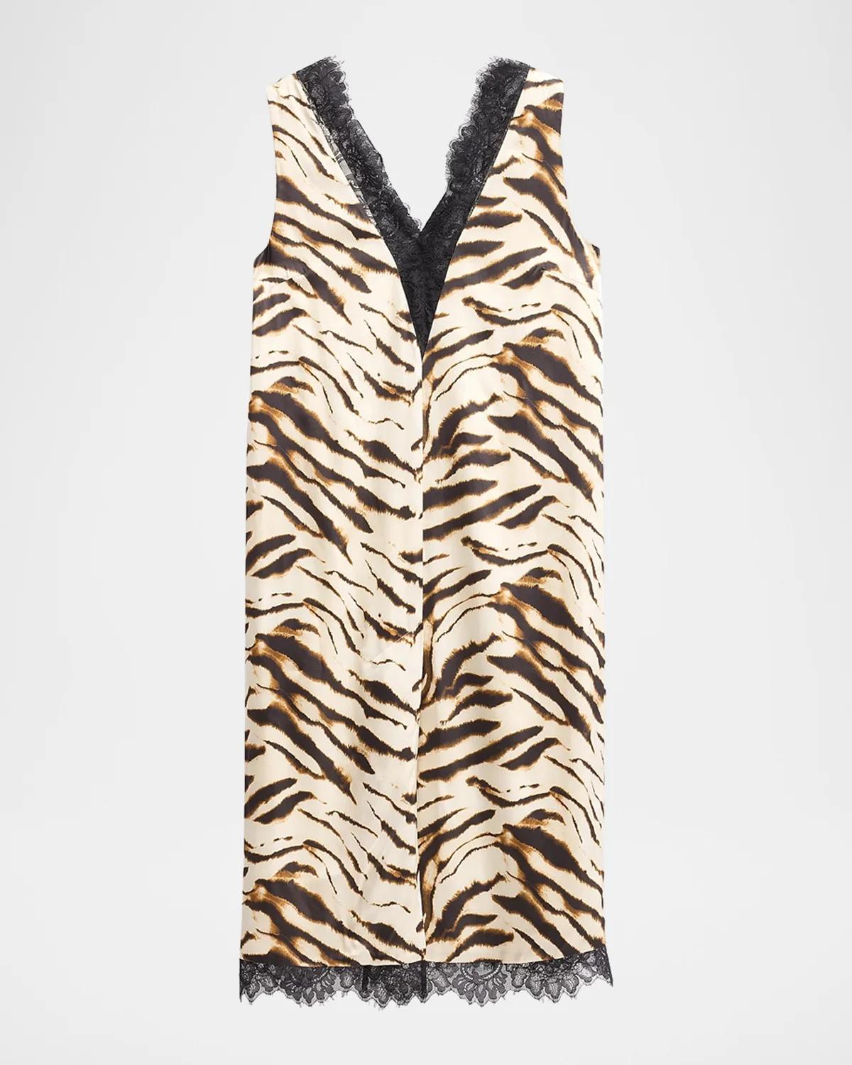 Ganni Printed Satin V-Neck Midi Dress