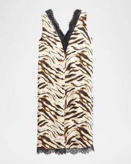Ganni Printed Satin V-Neck Midi Dress