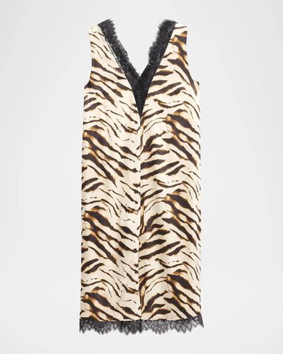 Ganni Printed Satin V-Neck Midi Dress