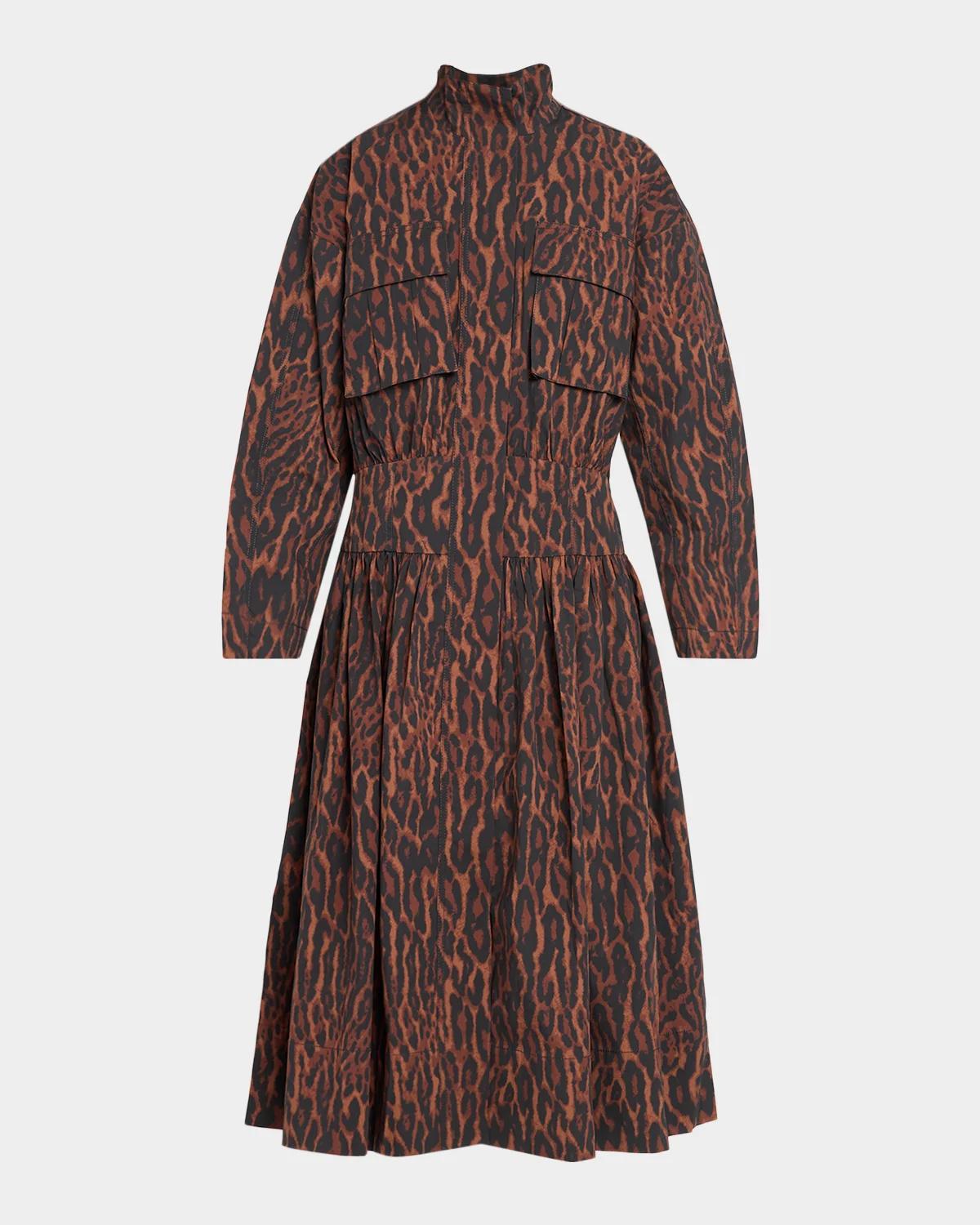Ganni Printed Stretch Cotton-Blend Utility Midi Dress