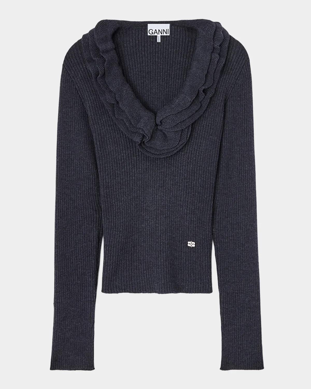 Ganni Rib-Knit Merino Wool Frill Long-Sleeve Top