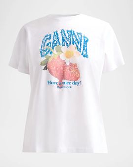 Ganni Strawberry Cotton Jersey Crewneck T-Shirt