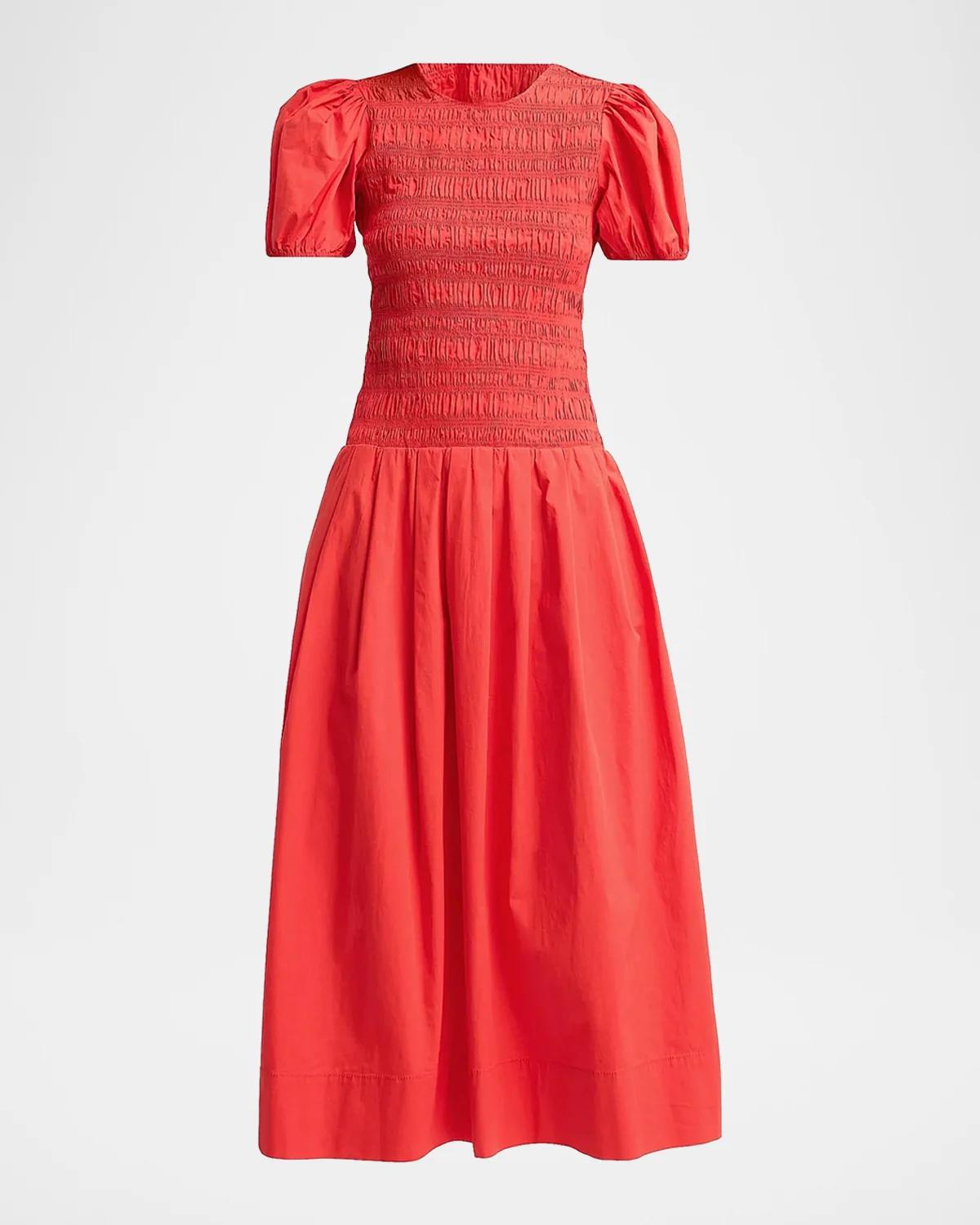 Ganni Stretch-Cotton Smocked Midi Dress