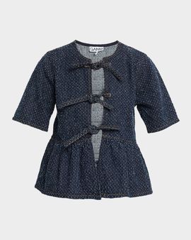 Ganni Tie-Front Tweed Denim Peplum Top