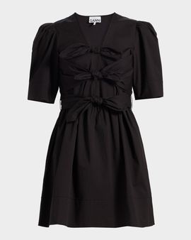 Ganni Tie-Waist Stretch-Cotton A-Line Minidress