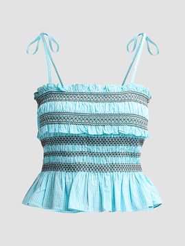 Ganni Women's Check Cotton Smocked Tie-Strap Top