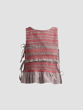 Ganni Women's Check Cotton Smocked Tie Top
