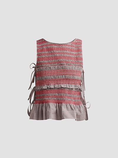 Ganni Women's Check Cotton Smocked Tie Top