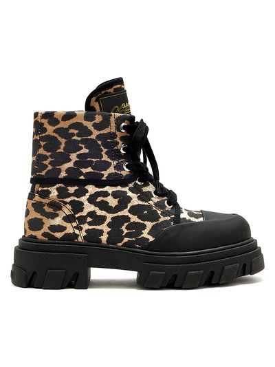 Ganni Women's Cleated Leopard Print Denim Ankle Boots
