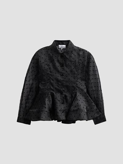 Ganni Women's Flocked Dot Organza Peplum Shirt