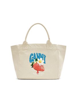 Ganni Women's Medium Embroidered-Logo Graphic Cotton Canvas Shopper Tote Bag