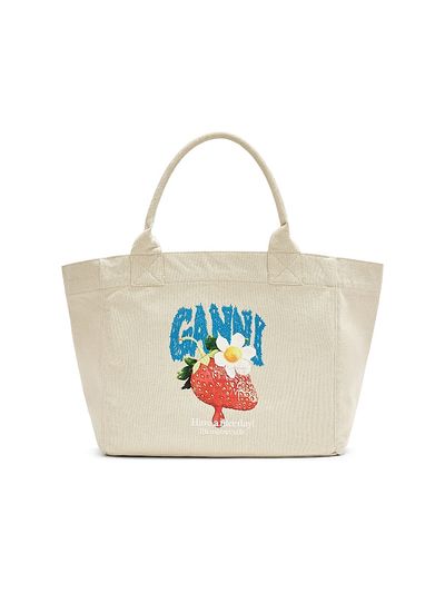 Ganni Women's Medium Embroidered-Logo Graphic Cotton Canvas Shopper Tote Bag