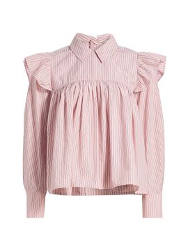 Ganni Women's Oxford Striped Frill Blouse