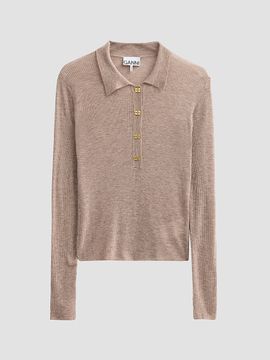 Ganni Women's Sheer Wool Ribbed Polo Sweater