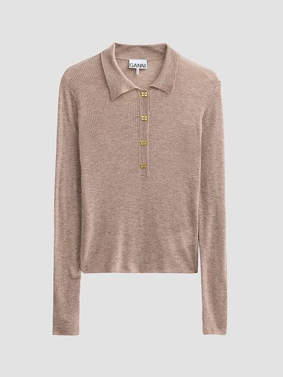 Ganni Women's Sheer Wool Ribbed Polo Sweater