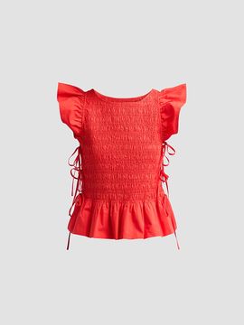 Ganni Women's Stretch-Cotton Angel-Sleeve Smocked Top