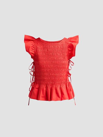 Ganni Women's Stretch-Cotton Angel-Sleeve Smocked Top