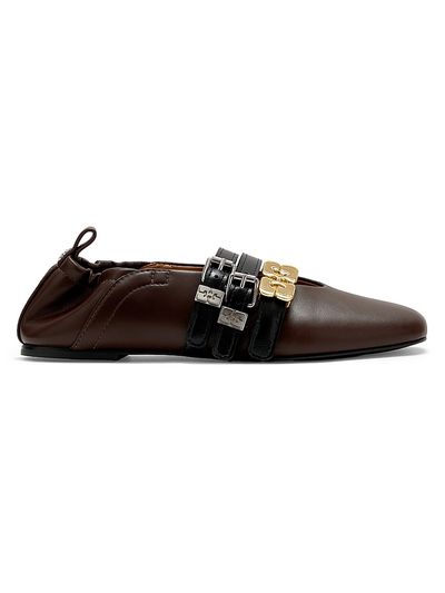 Ganni Women's Sue Triple-Strap Leather Ballet Flats