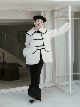 GAYEON LEE Boucl Ribbon Half-Length Wool Coat [Beige]