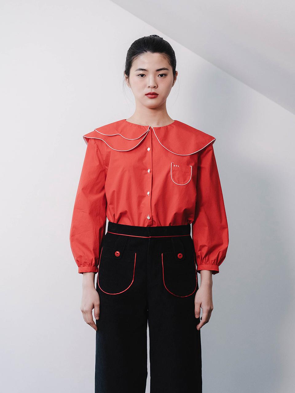 GAYEON LEE Cotton Double Layer Collar Blouse [RED]