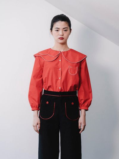 GAYEON LEE Cotton Double Layer Collar Blouse [RED]