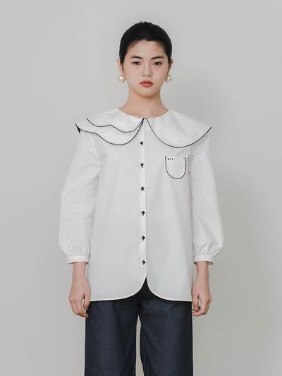 GAYEON LEE Double Layer Collar Cotton Blouse [Beige]