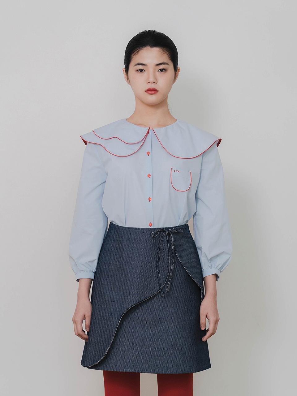 GAYEON LEE Double Layer Collar Cotton Blouse [Sky Blue]