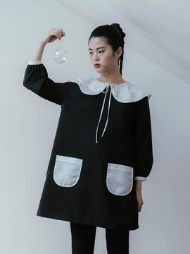 GAYEON LEE Double Layer Collar Wool Structured Dress [Black]