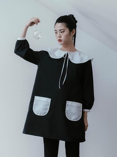 GAYEON LEE Double Layer Collar Wool Structured Dress [Black]