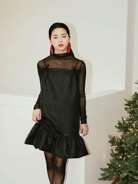 GAYEON LEE Jacquard Velvet Ribbon Mini Dress [Navy]