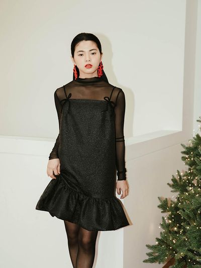 GAYEON LEE Jacquard Velvet Ribbon Mini Dress [Navy]