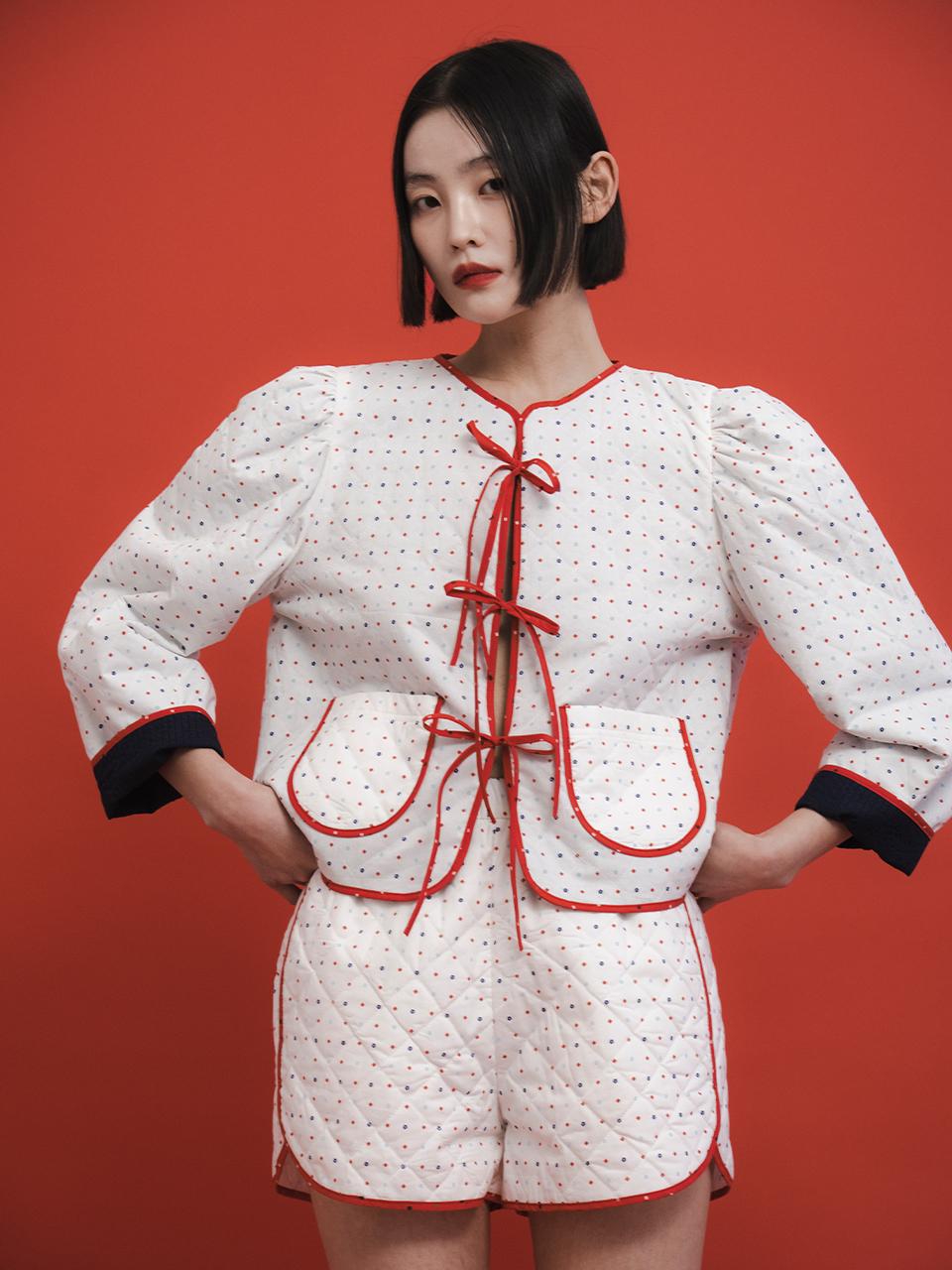 GAYEON LEE MELODY Quilted Reversible Jacket-White Floral/Navy