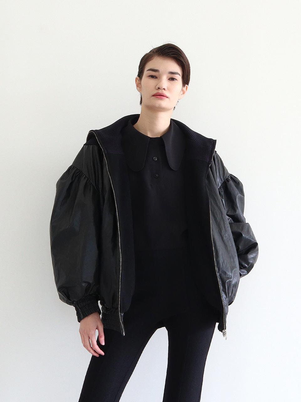 GAYEON LEE Reversible Wool Faux Leather Bomber Jacket [Black]