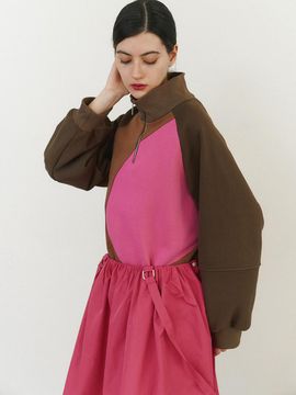 GAYEON LEE Zip-up Voluminous Sleeve Cotton Jersey Top [Brown]