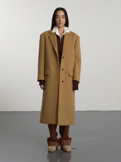 GBH APPAREL 3 Button Single Long Wool Blend Coat [Camel]
