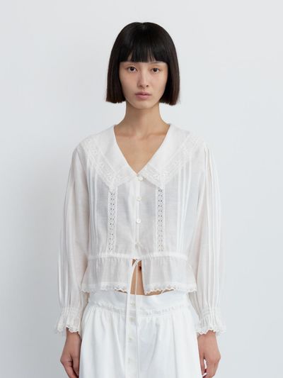 GBH APPAREL COTTON LACE SHIRRING BLOUSE [WHITE]