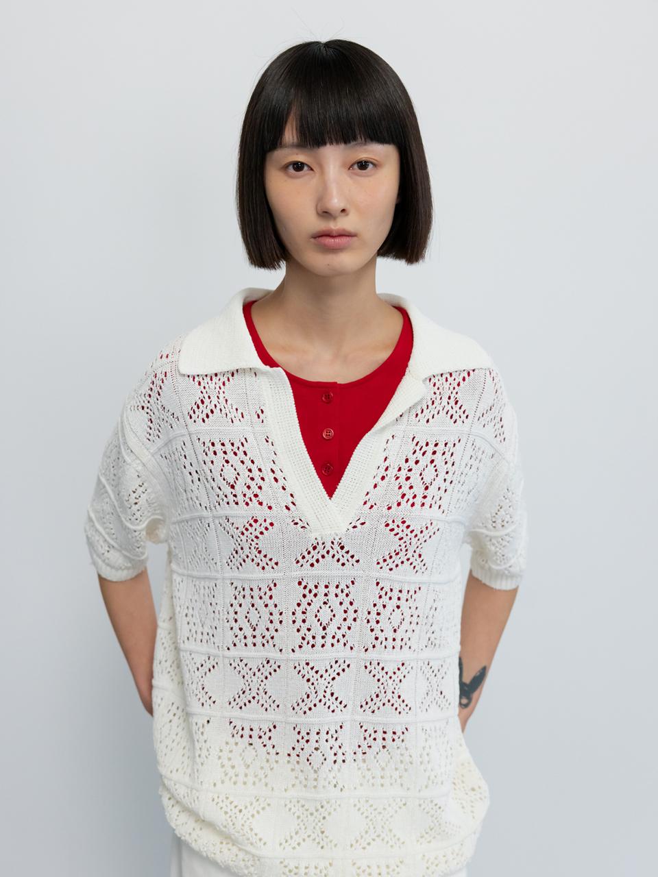 GBH APPAREL CROCHET KNIT COLLAR TOP [WHITE]