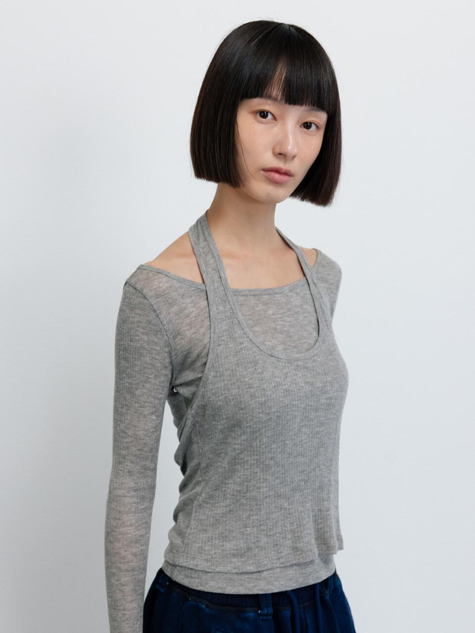 GBH APPAREL LONG-SLEEVE HALTER NECK SETUP T-SHIRT [GREY]