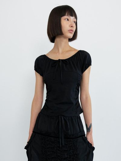 GBH APPAREL RIBBON SHIRRING TOP [BLACK]