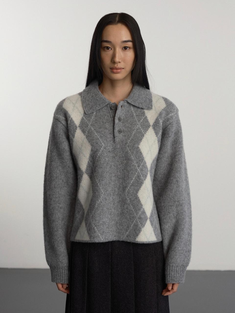 GBH APPAREL Shaggy Argyle Shetland Wool Knit [Light Grey]