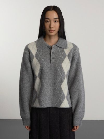 GBH APPAREL Shaggy Argyle Shetland Wool Knit [Light Grey]