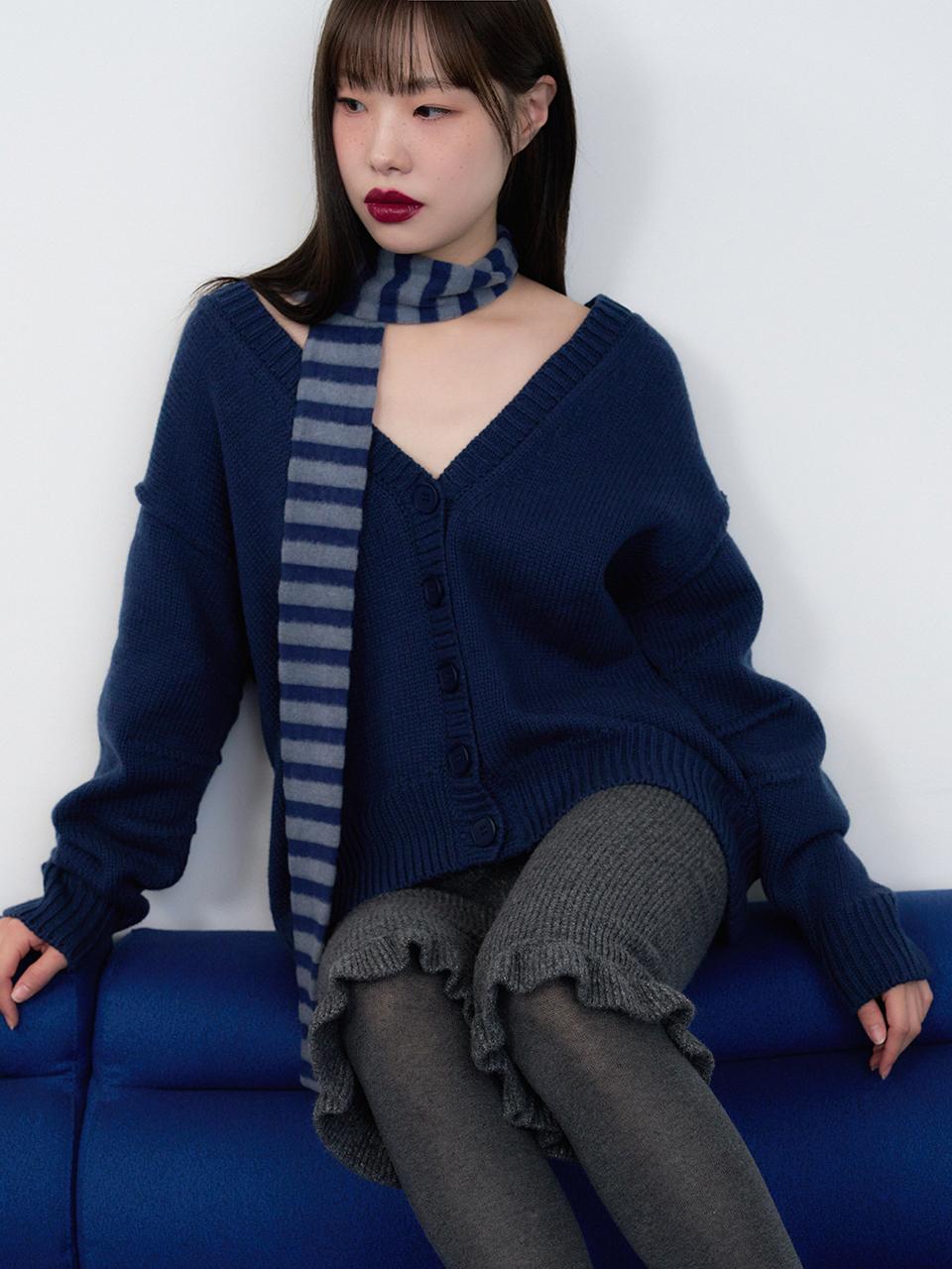 geegee Fluffy Striped Long Fleece Scarf [Navy]